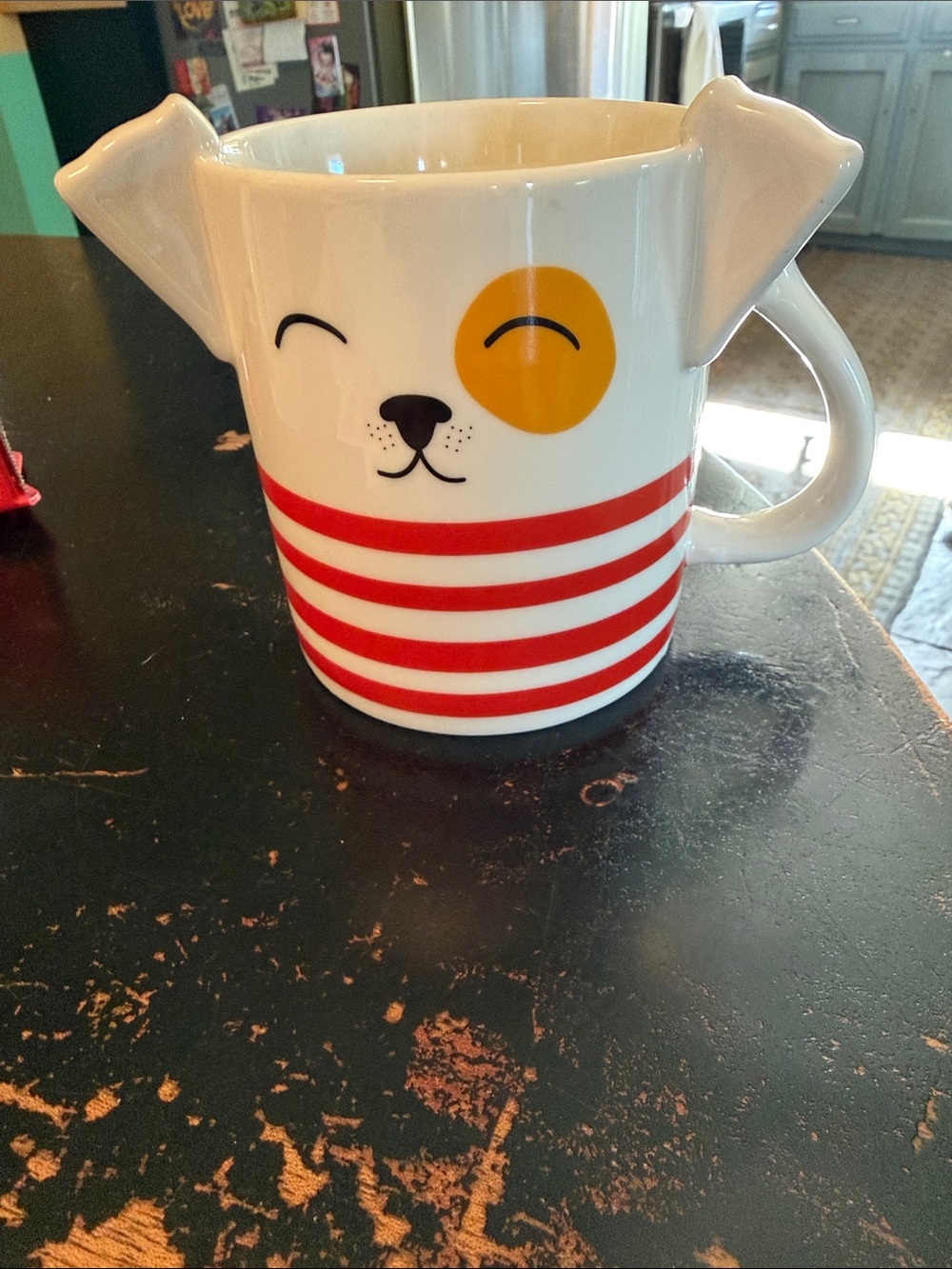 Cute Dog Face Ceramic Mug in White with Red Stripes and Yellow Patch